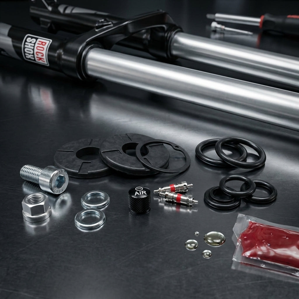RockShox Reba/Recon/Revelation/Pike Air Service Kit mit Ersatzteilen, Dichtungen und Schmiermittel auf dunklem Tisch.