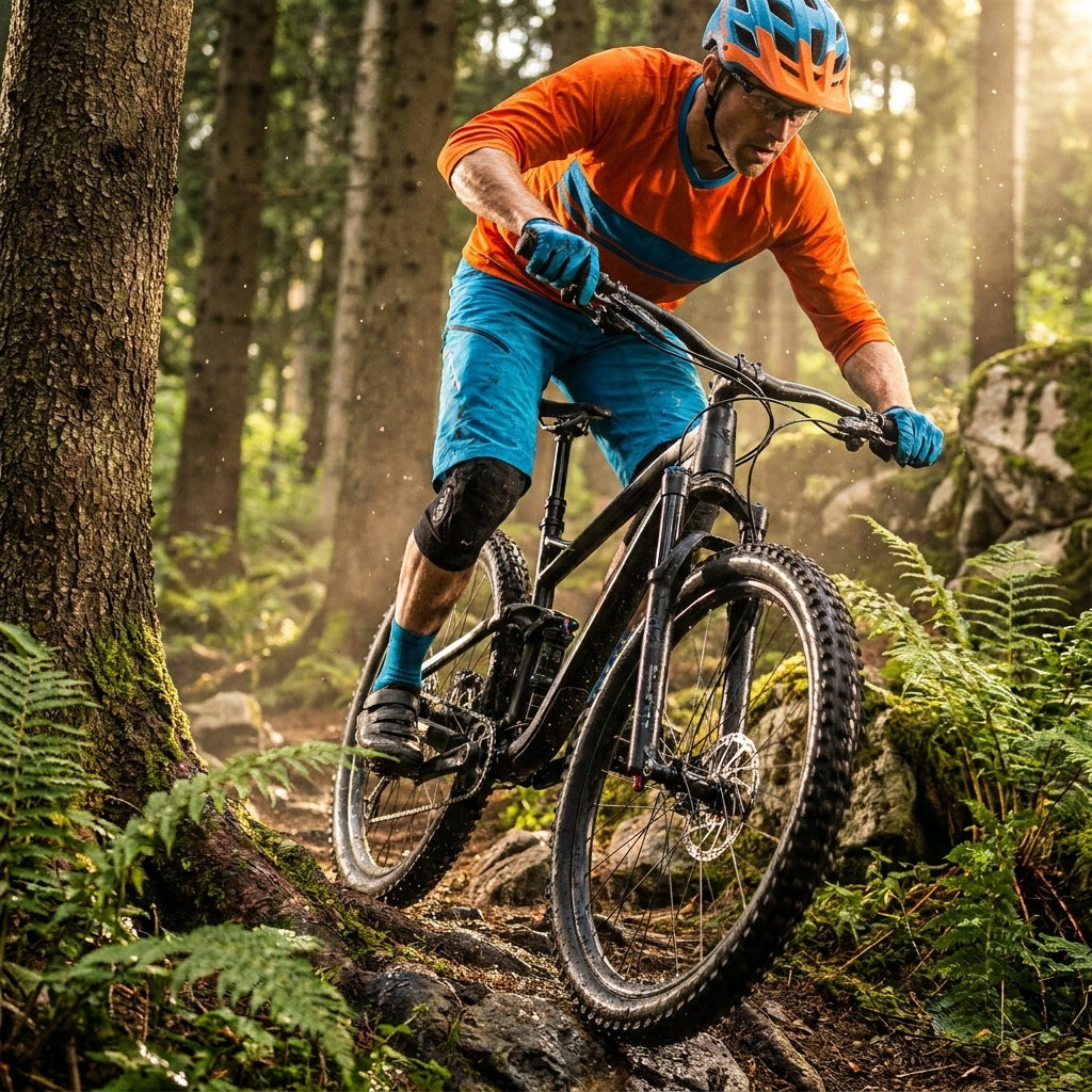 Mountainbiker auf felsigem Waldweg mit XLC Suspension Dropper SP-S13 absenkbarer Sattelstütze.