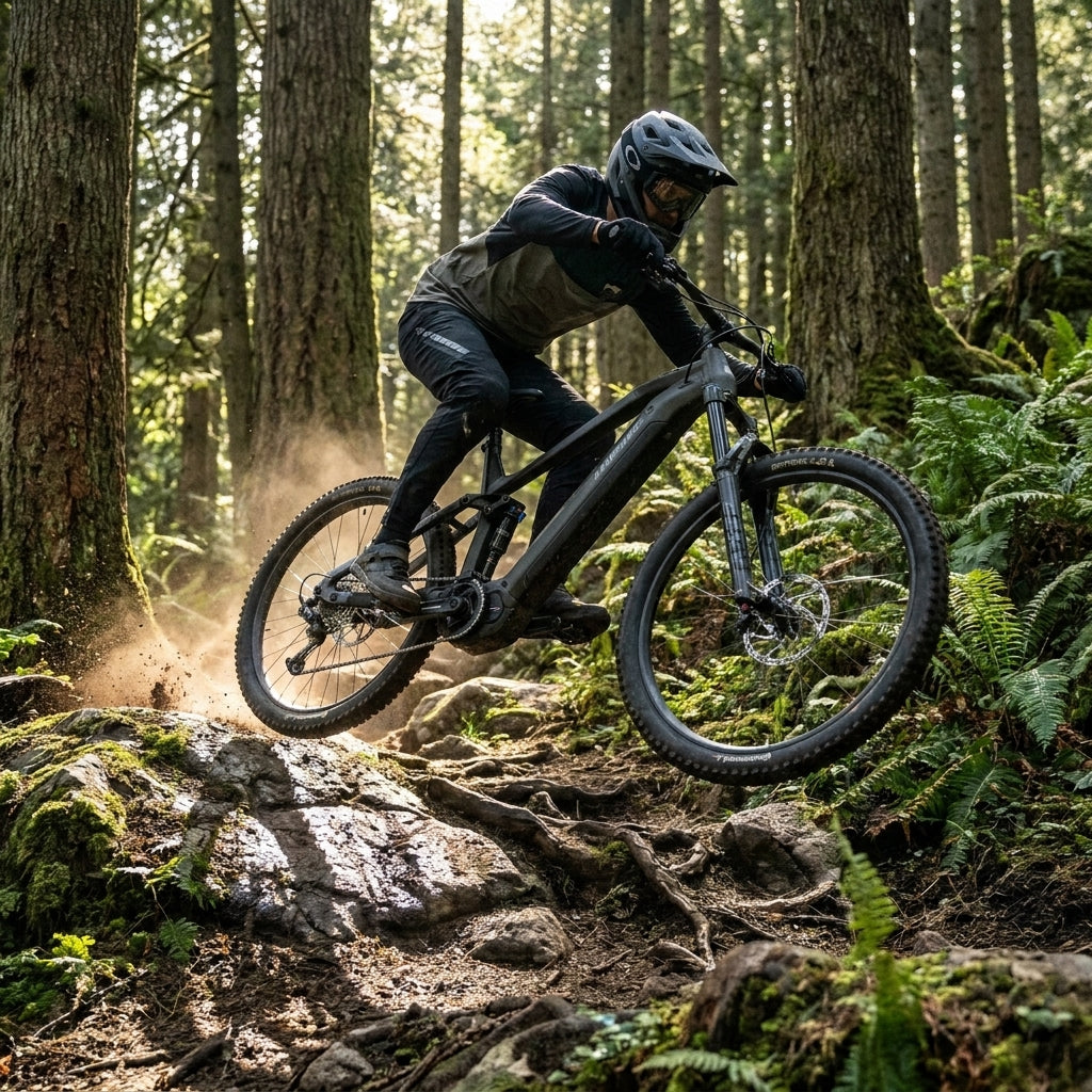 Haibike ALLMTN 2 E-MTB Fully L mit Bosch CX Motor springt auf felsigem Waldweg, Staub aufwirbelnd. 800Wh Akku.