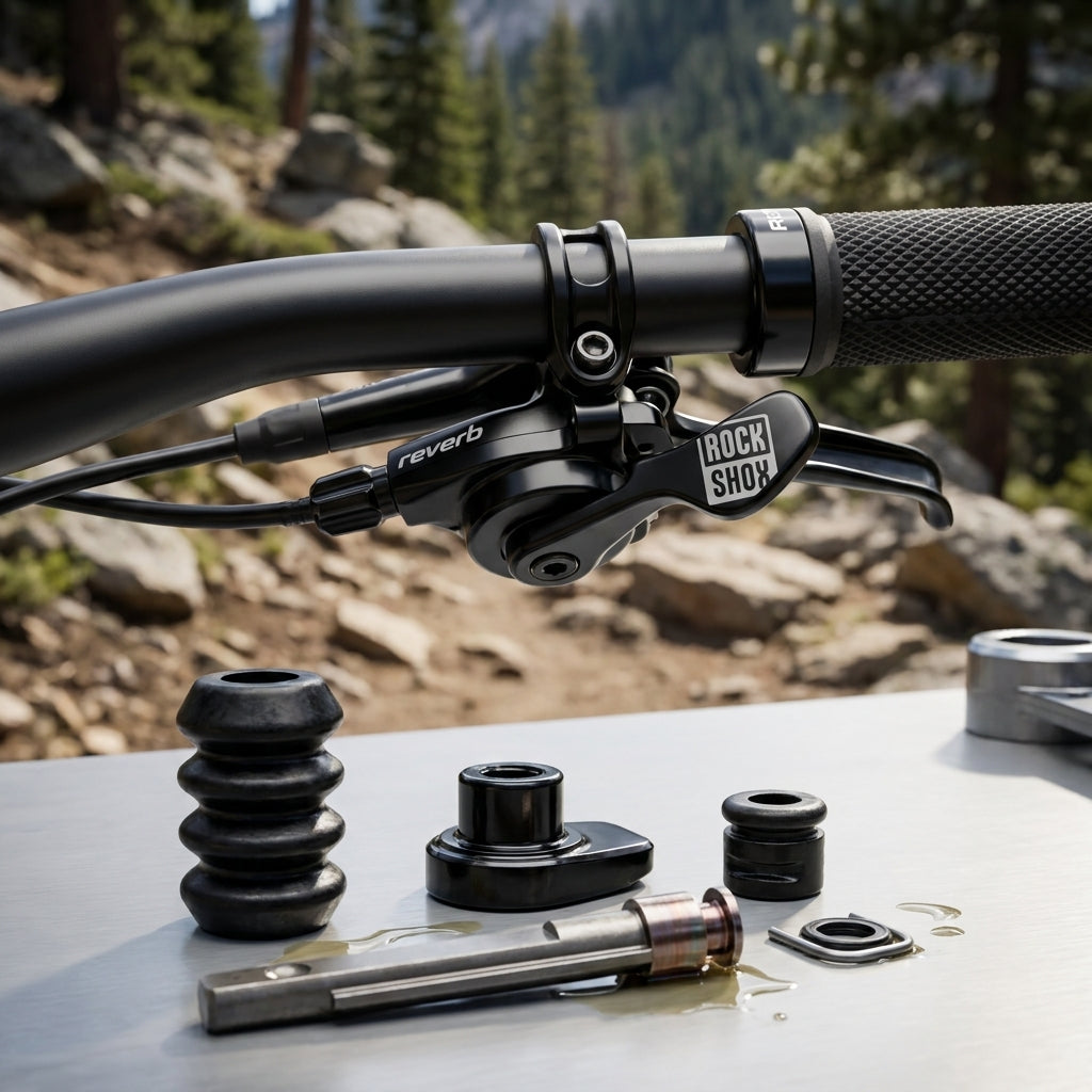 RockShox Reverb Remotehebel rechts und Servicekit-Teile für Sattelstützen-Wartung, im Gelände.