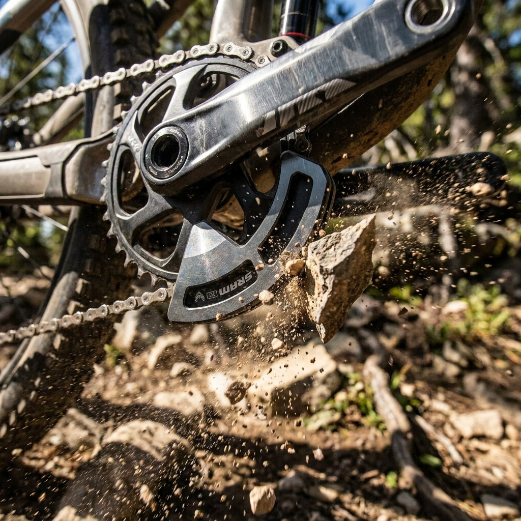 SRAM Bashguard XX Kettenblatt-Schutz am Mountainbike trifft Stein, schützt Antriebssystem zuverlässig.