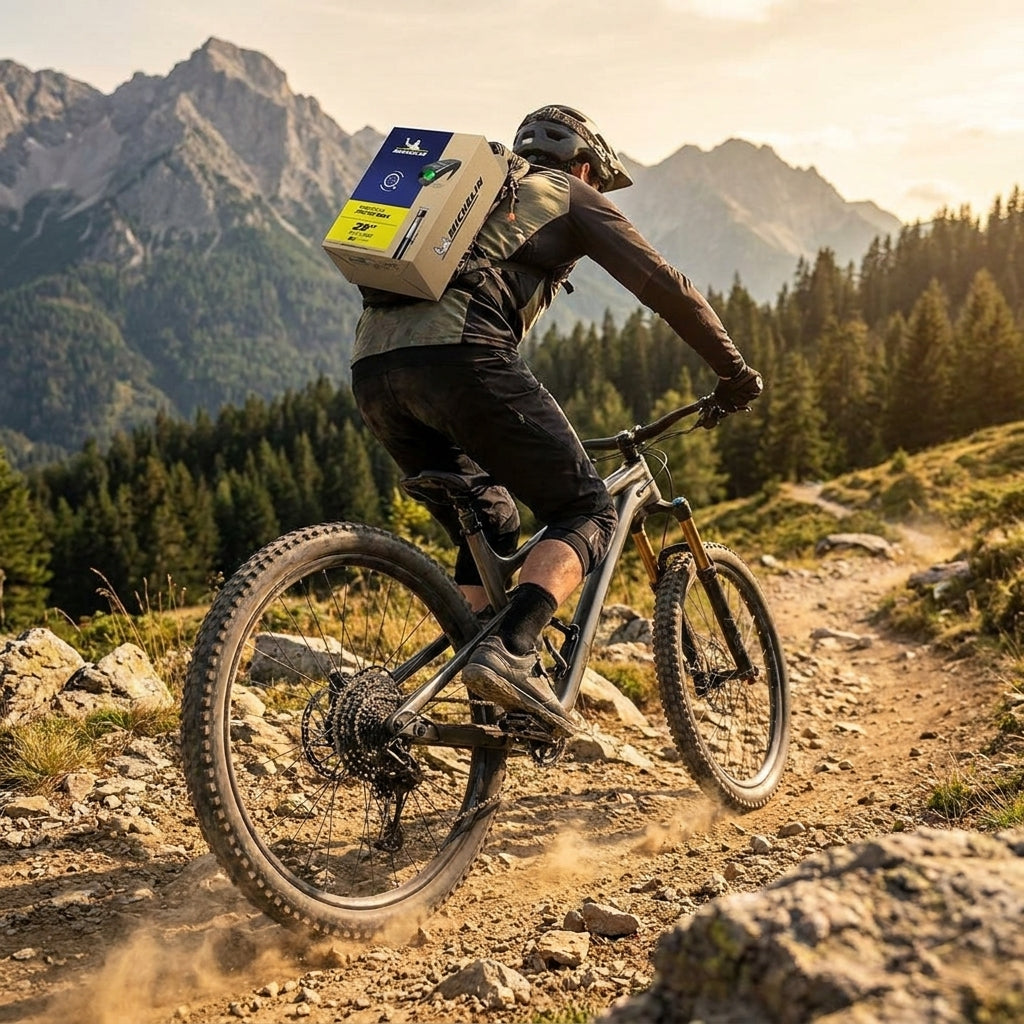 Mountainbiker fährt mit Michelin Schlauch A6 Protek Max 29x2.45-3.0 auf dem Rücken durch Berge.