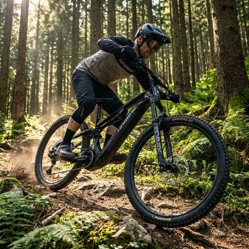 Haibike ALLMTN CF 9 E-MTB: Mountainbiker auf schwarzem Bike fährt dynamisch durch sonnigen Wald.