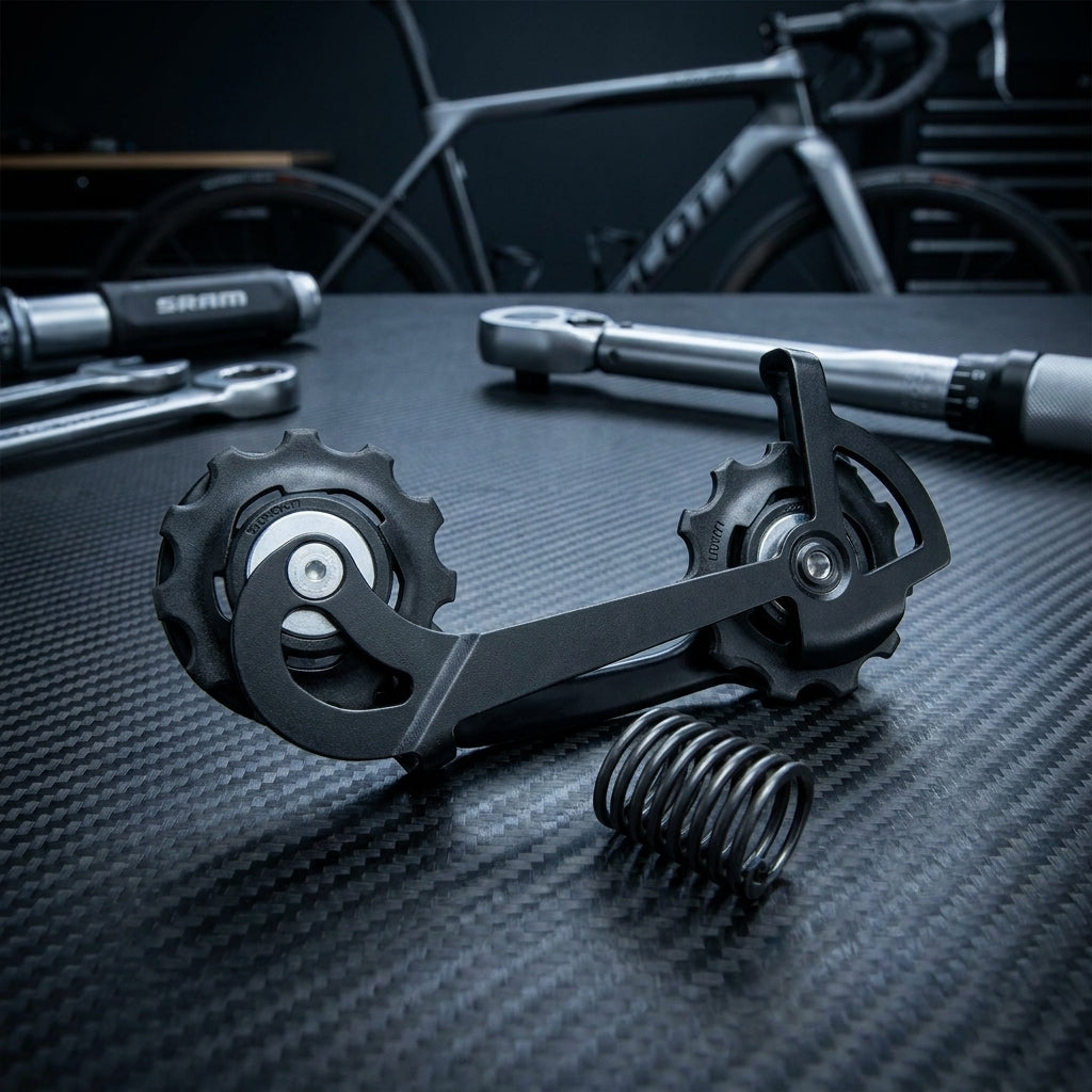 SRAM Rival mittellanger Käfig Schaltrollen Set für präzise Rennradschaltung, auf Carbon mit Werkzeug.