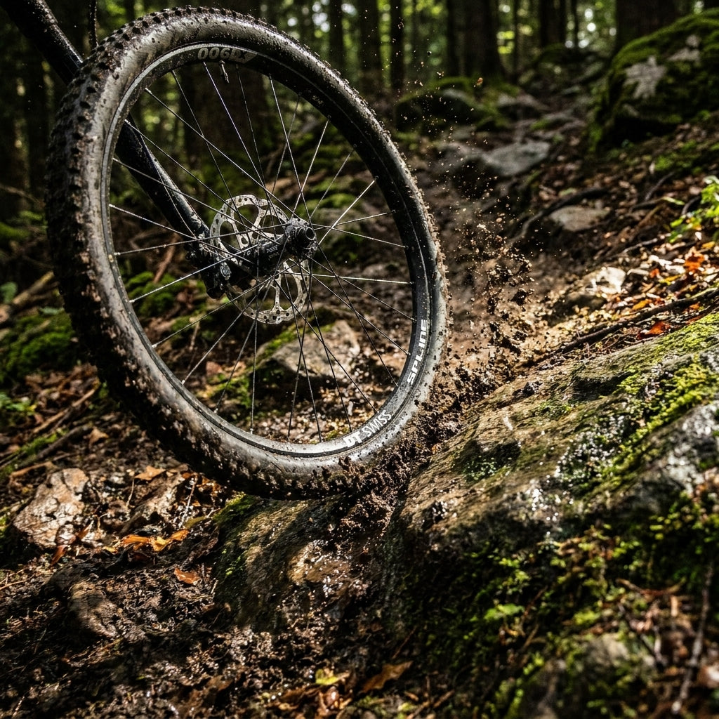 Robustes DT Swiss X1900 SPLINE 29" MTB-Laufrad schwarz spritzt Schlamm auf Waldtrail.