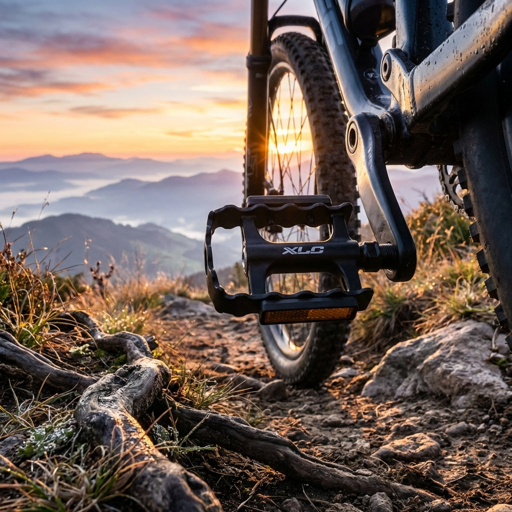 XLC MTB-Pedal Ultralight II PD-M11 an Mountainbike auf Bergpfad bei Sonnenaufgang über Nebelbergen.