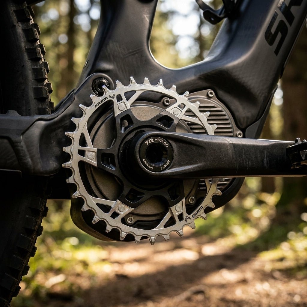 Silbernes SRAM Kettenblatt T-Type XX Eagle TQ 34T an TQ HPR 50 E-Bike Antrieb im Wald.