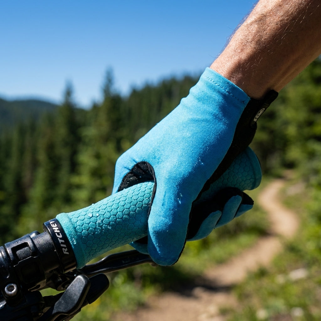 Ritchey WCS Truegrip Fahrradgriff in Himmelblau am Lenker, gehalten von einer Hand mit blauem Handschuh auf einem Trail.