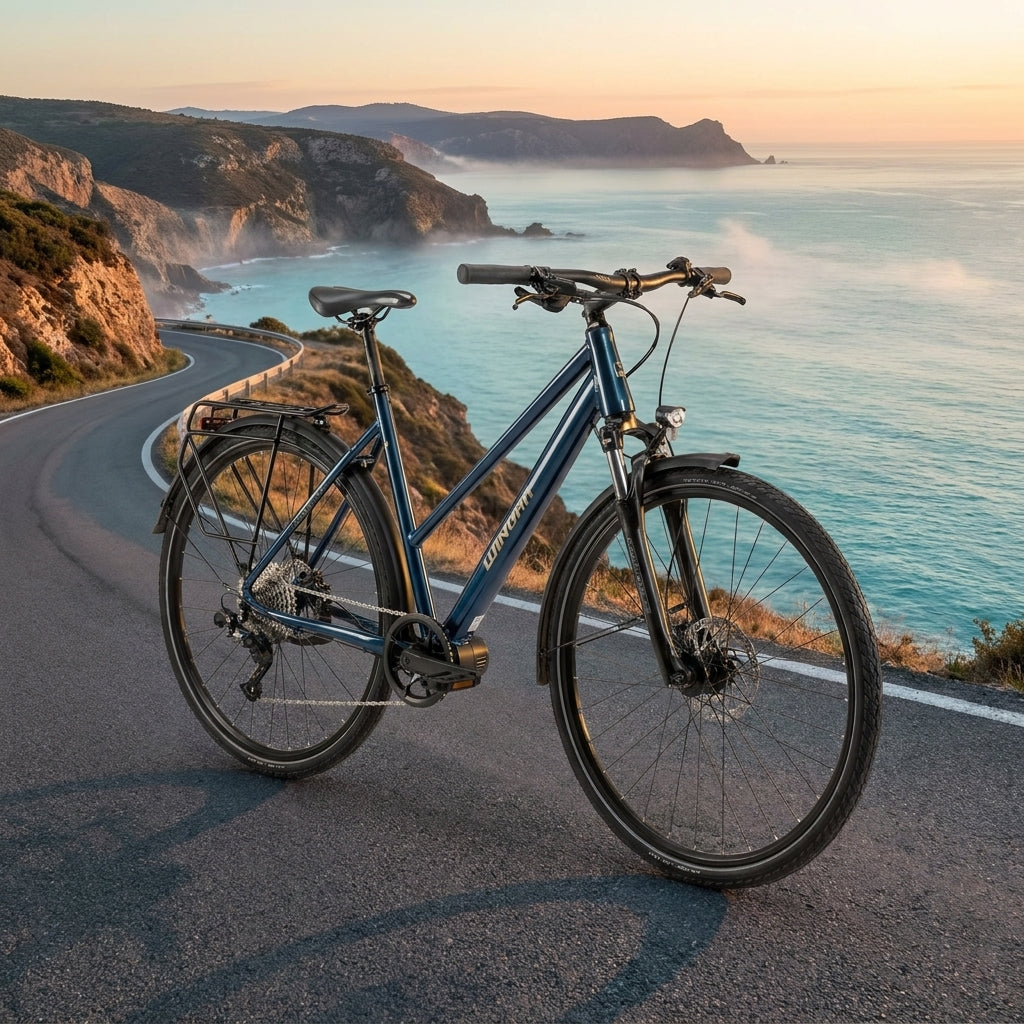 Winora DOMINGO X12 PRO MID 12-G XT E-Bike in Cavalry-Blau auf einer Küstenstraße am Meer.