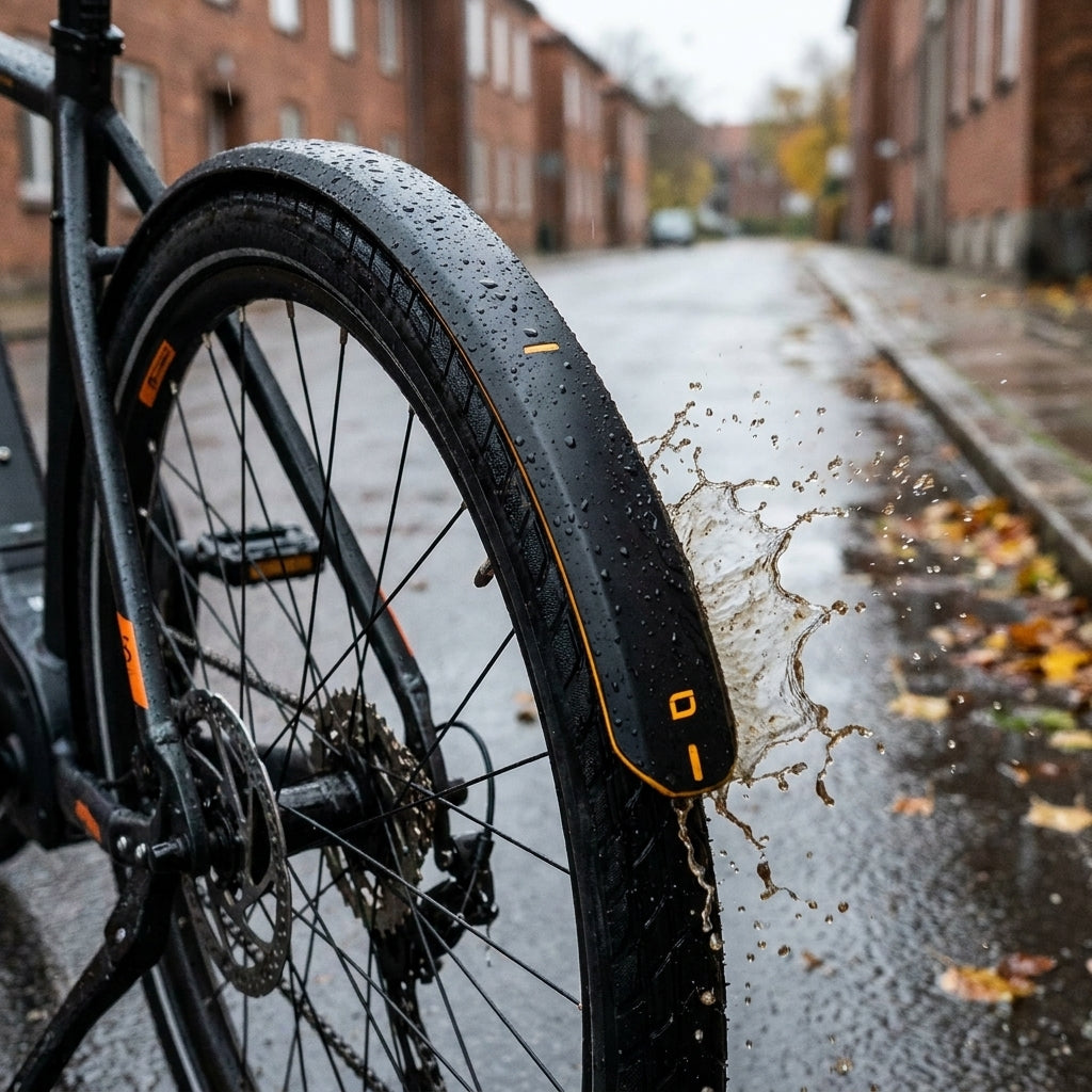 Original Centurion Curana Schutzblech 27,5" schwarz am Fahrrad-Hinterrad, spritzt Wasser im Regen.