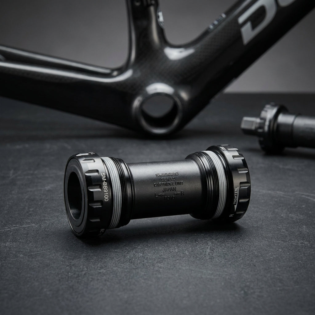 SHIMANO DURA-ACE R9100 BSA Innenlager für BSA-Gewindegehäuse, abgebildet vor einem Carbon-Fahrradrahmen.