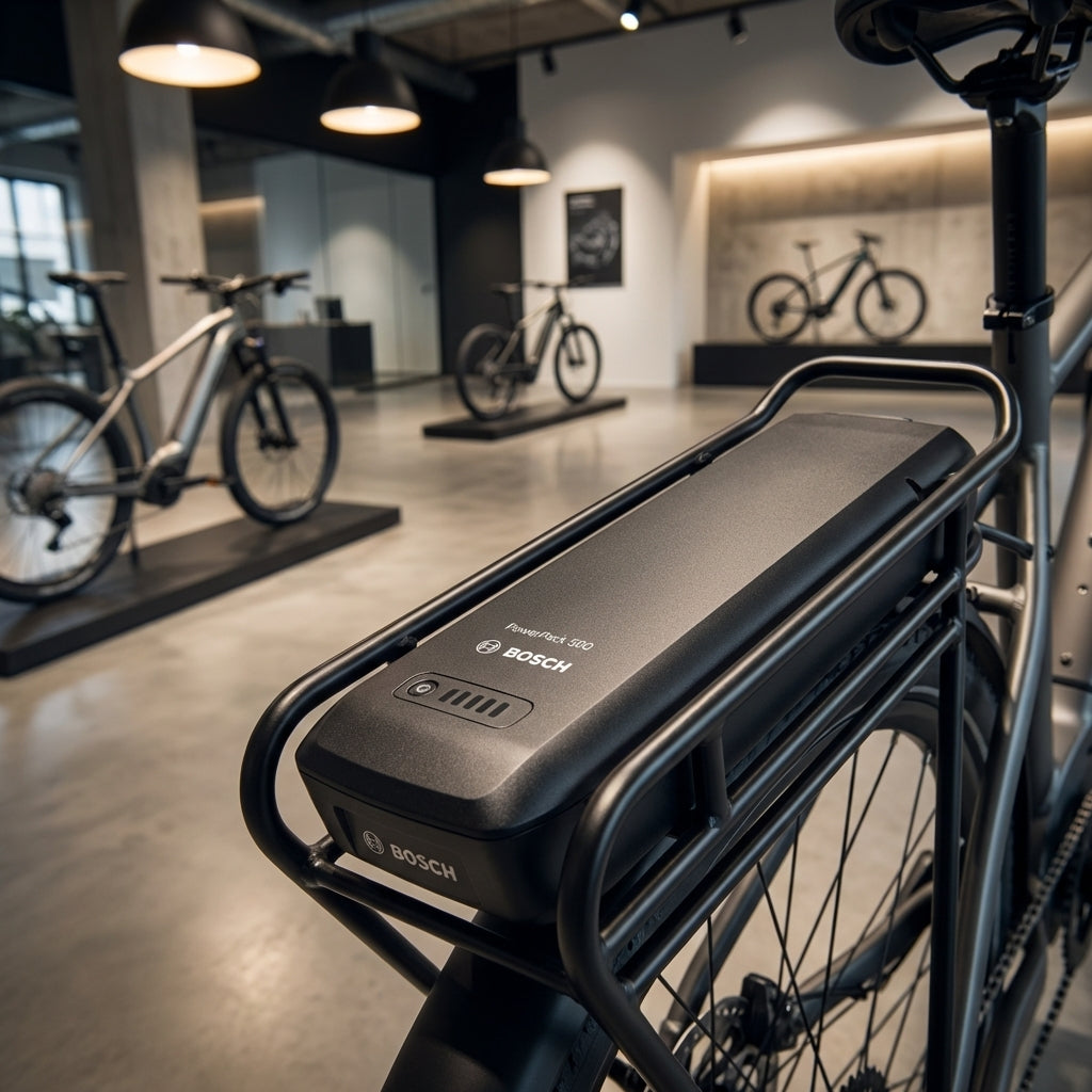 Bosch Dummy PowerPack 500 Gepäckträger-Akku-Attrappe auf E-Bike-Heckträger, Nahaufnahme in Ausstellung.