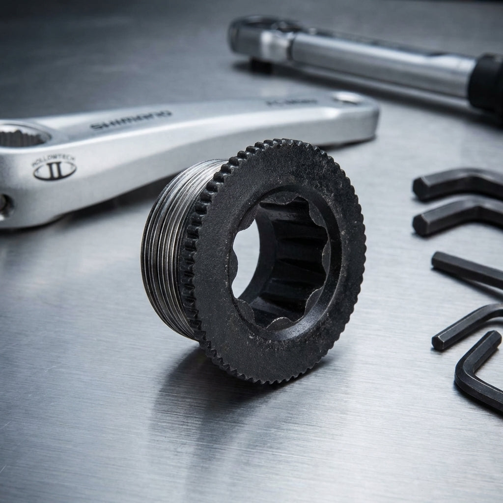 Schwarze SHIMANO Kurbelbefestigungsschraube für Hollowtech II Kurbeln mit passendem Kurbelarm und Werkzeug.