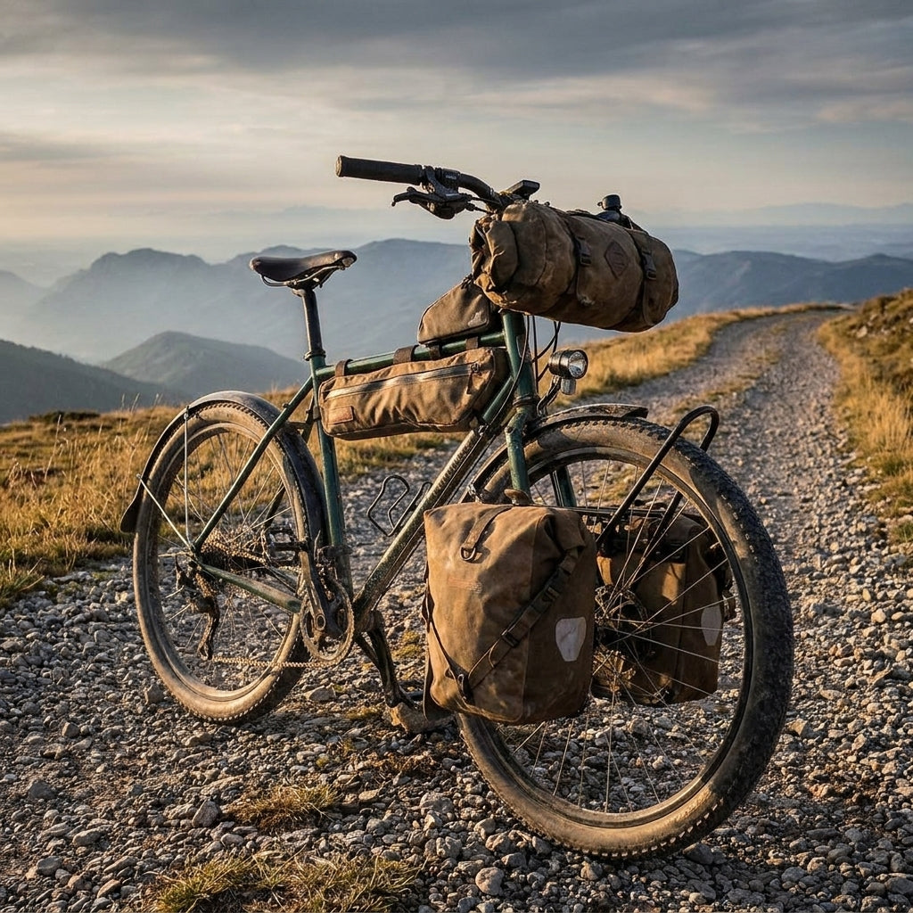 Tourenrad mit Tubus VR Gepäckträger Grand Expedition Front, Fronttaschen und Lenkertasche auf Bergweg.
