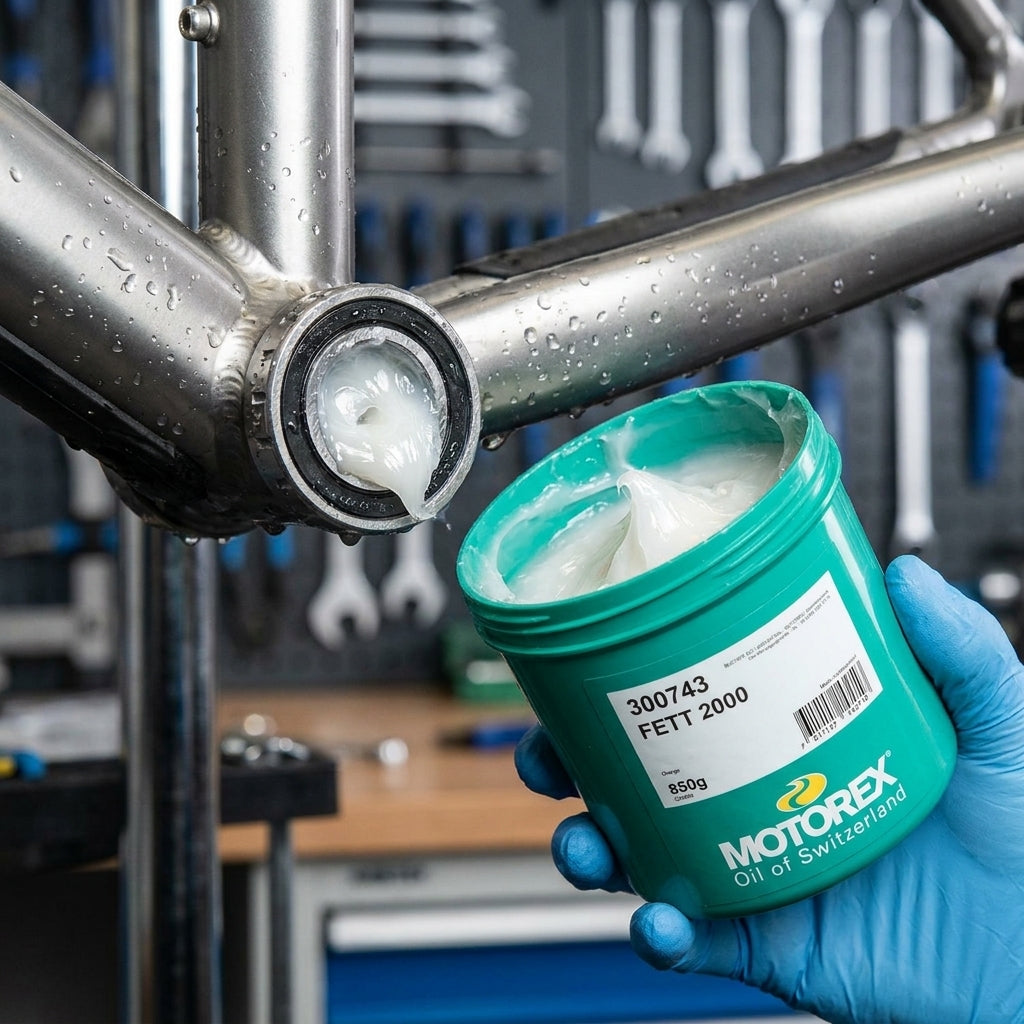 Motorex Bike Grease Langzeitfett (850g) weiß wird als wasserabweisendes Fett in ein Fahrradlager gegeben.