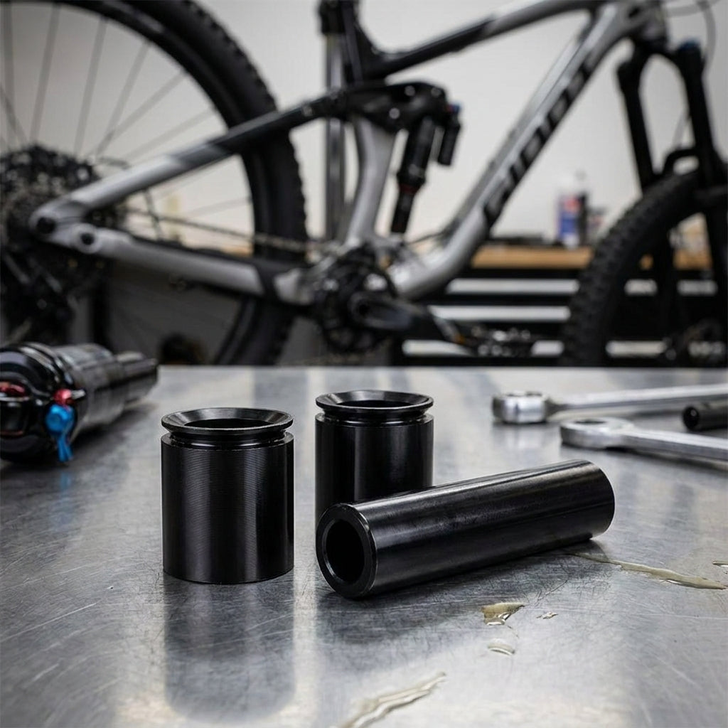 RockShox Dämpfer-Montagezubehör 3-teilig 1/2" 8x55.0 Standard auf Werkbank vor Mountainbike.
