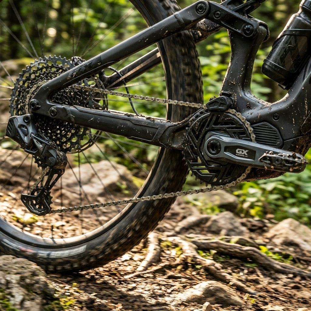 SRAM GX AXS Eagle Transmission E-MTB Antrieb mit Kurbel, Schaltung und Kette im Schlamm (Brose Kit).