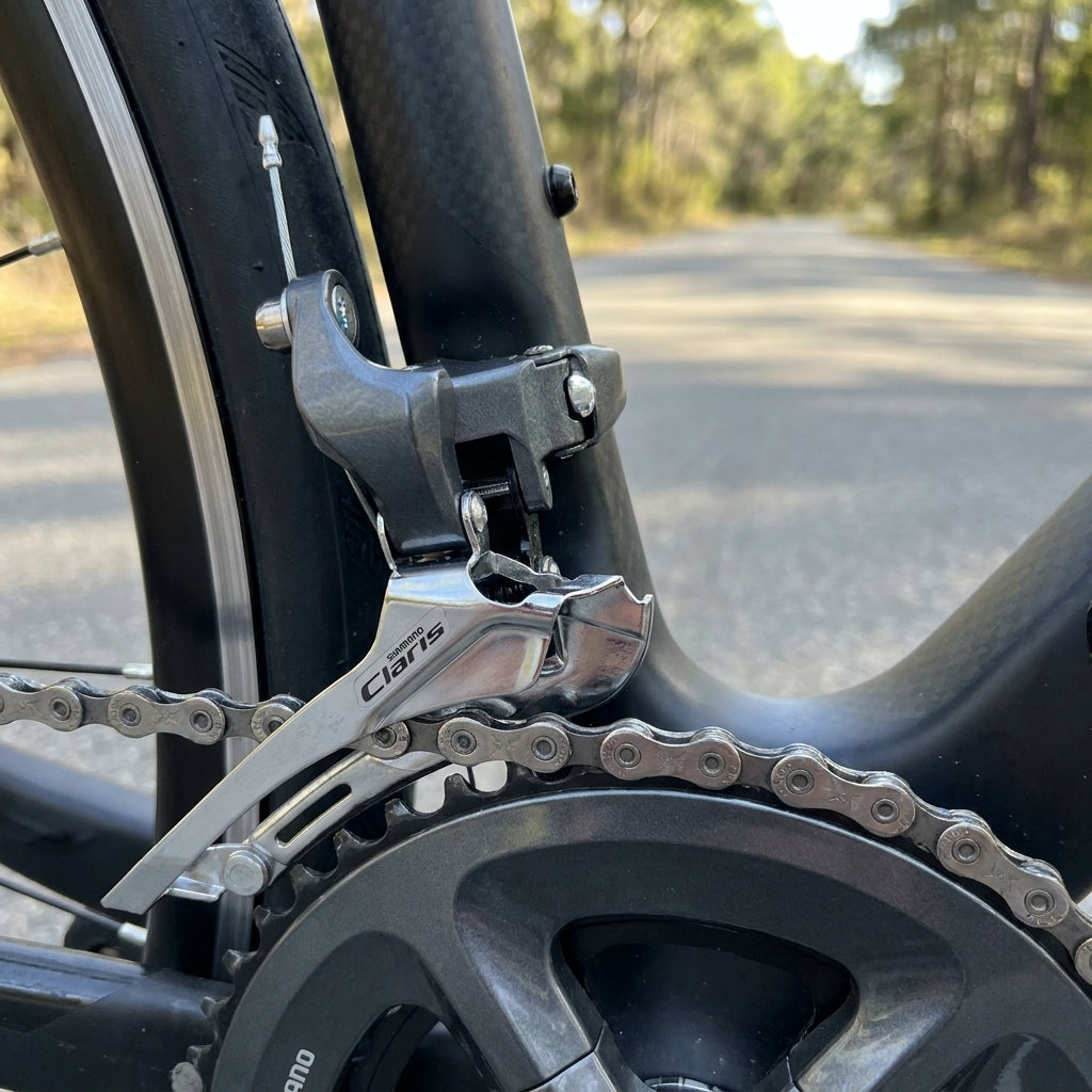 SHIMANO Umwerfer CLARIS FD-R2000 am Rennrad für präzise 8-fach Schaltperformance.