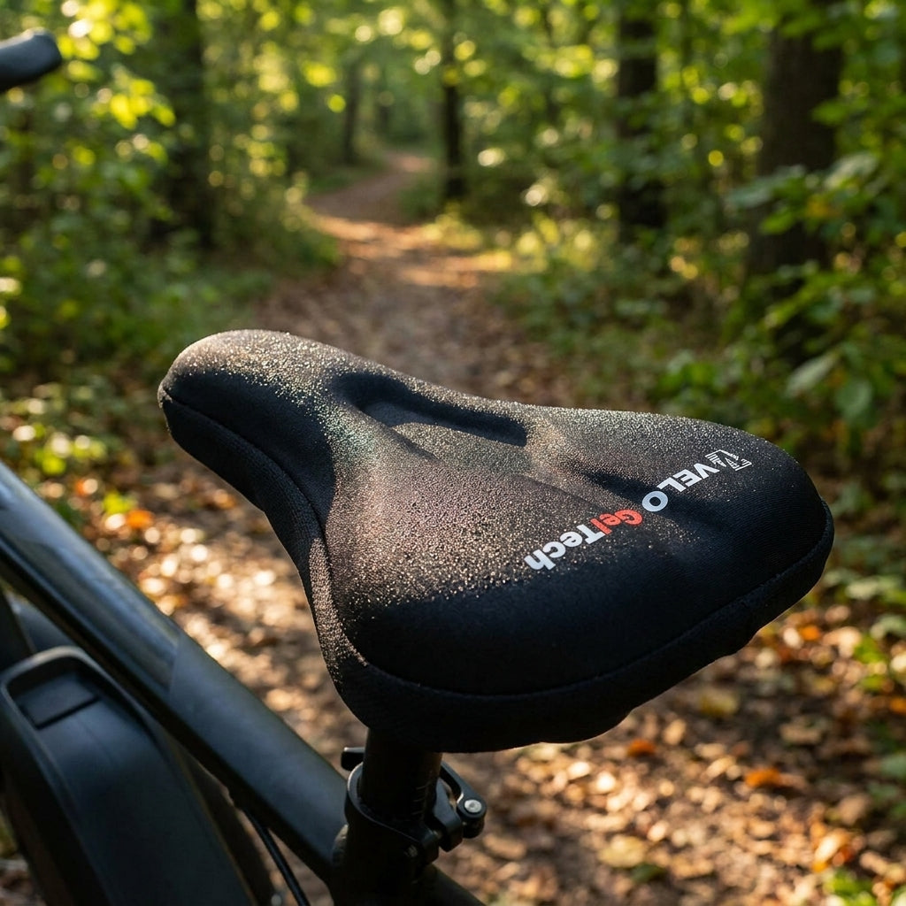 Schwarzer VELO GelTech Sattelüberzug breit für MTB/Touring-Sättel auf Fahrrad im Wald.