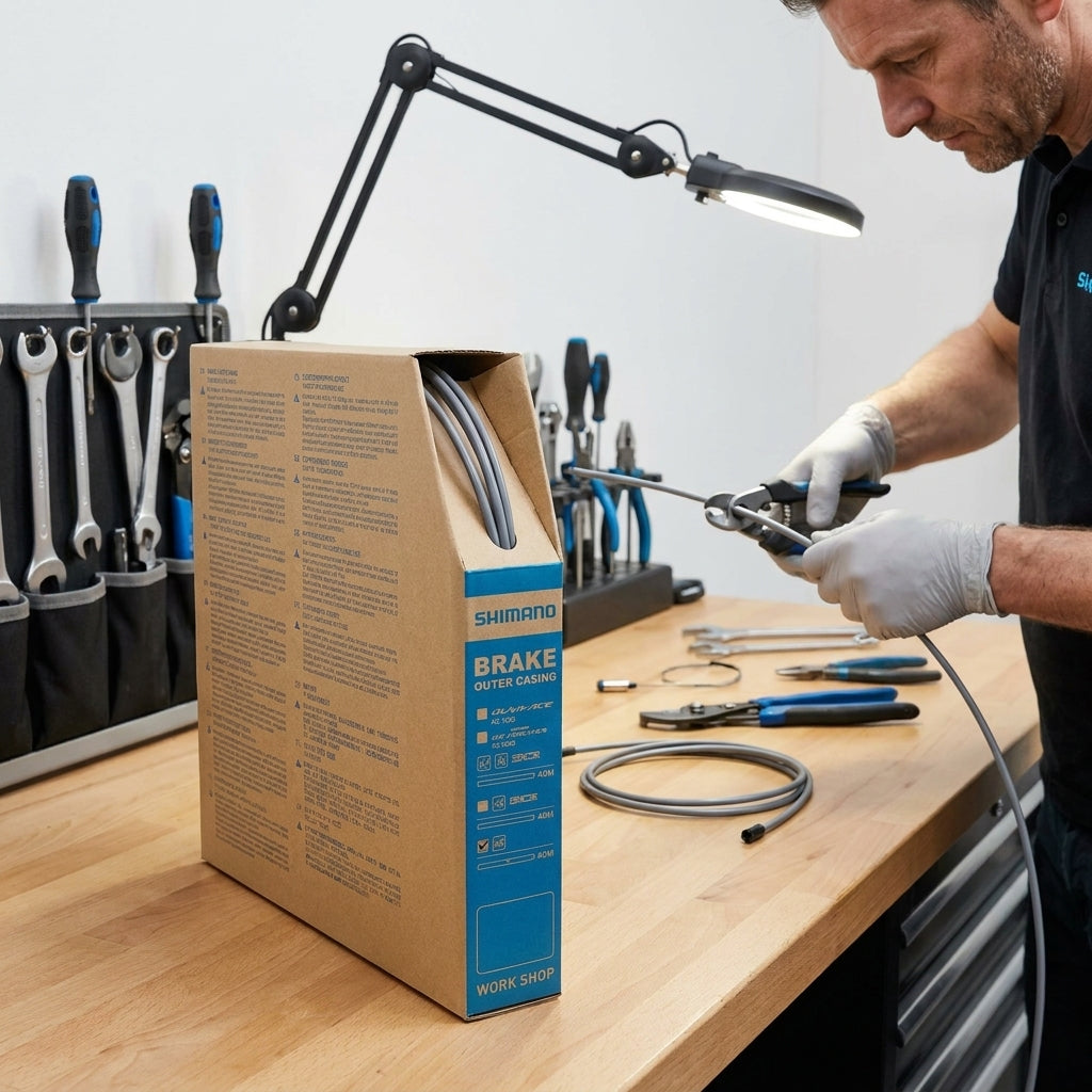 Mann schneidet graue SHIMANO MTB Bremszugaußenhülle (40m Werkstattpackung) im Fahrrad-Workshop.