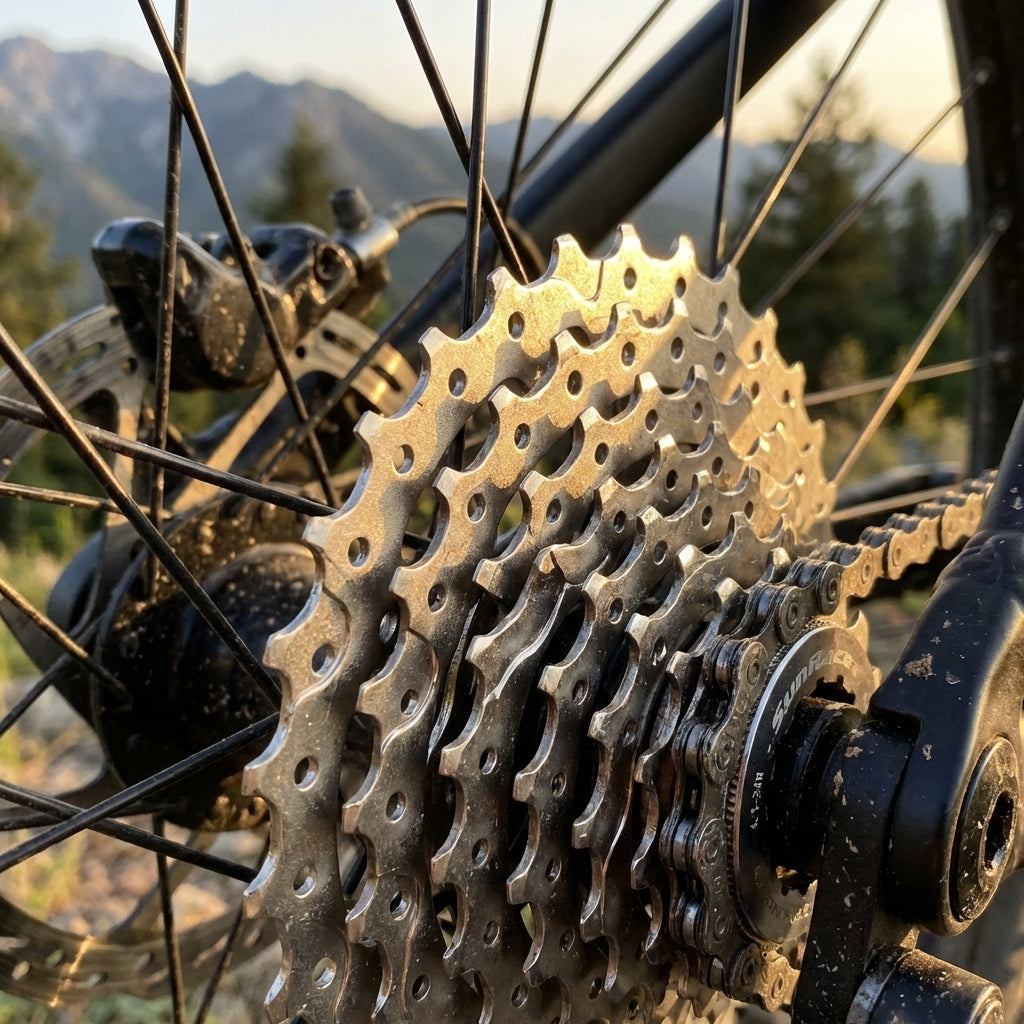 SUNRACE 9-fach Zahnkranzkassette 11-32 Zähne Nickel am Mountainbike-Hinterrad, Nahaufnahme bei Sonnenlicht.