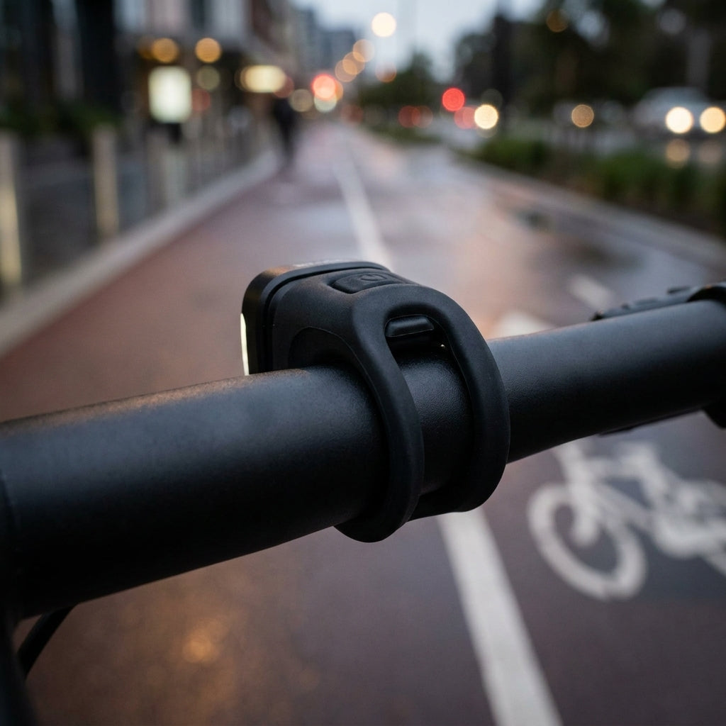 Knog Blinder MOB-ROAD schwarzes Fahrrad-Frontlicht am Lenker auf nassem Radweg bei Dämmerung.