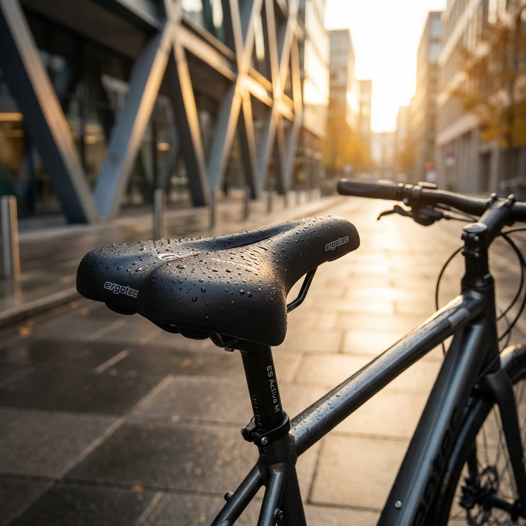 Ergotec Fahrradsattel Active M medium 279x174mm mit Regentropfen auf einem Citybike in der Stadt.