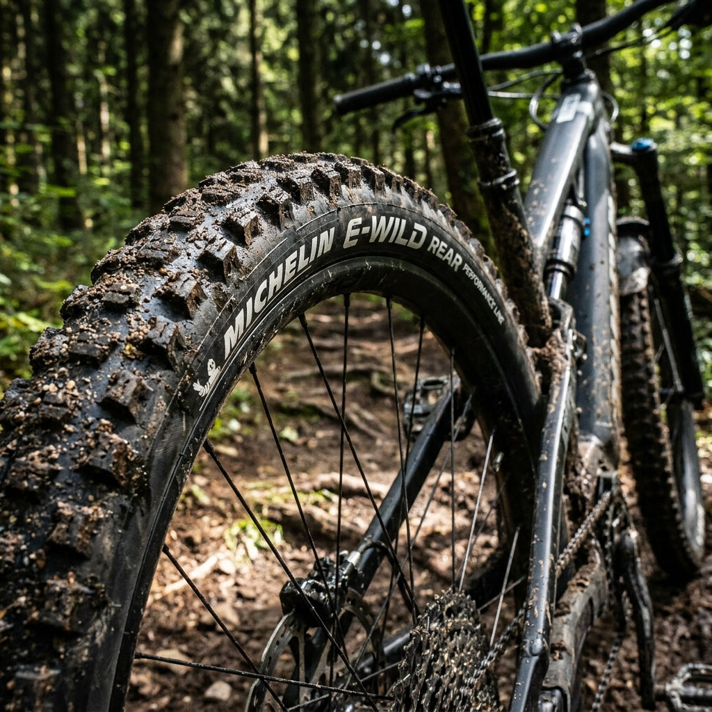 Michelin E-WILD REAR Performance Line E-MTB Faltreifen. Aggressives Profil für maximalen Grip auf anspruchsvollen Trails.