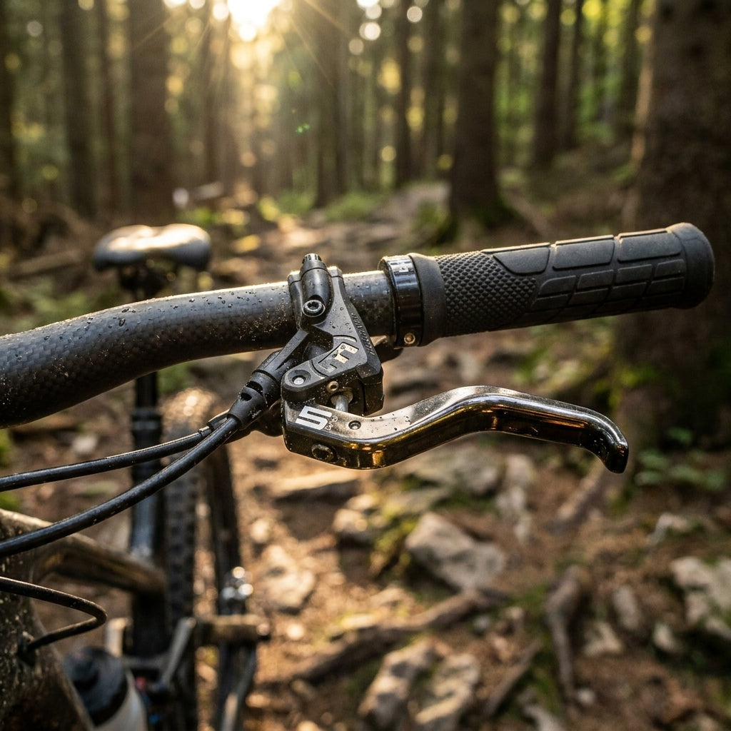 MAGURA MT5 2-Finger Aluminium-Bremsgriff am Mountainbike-Lenker im Wald. Präzise Bremskontrolle.