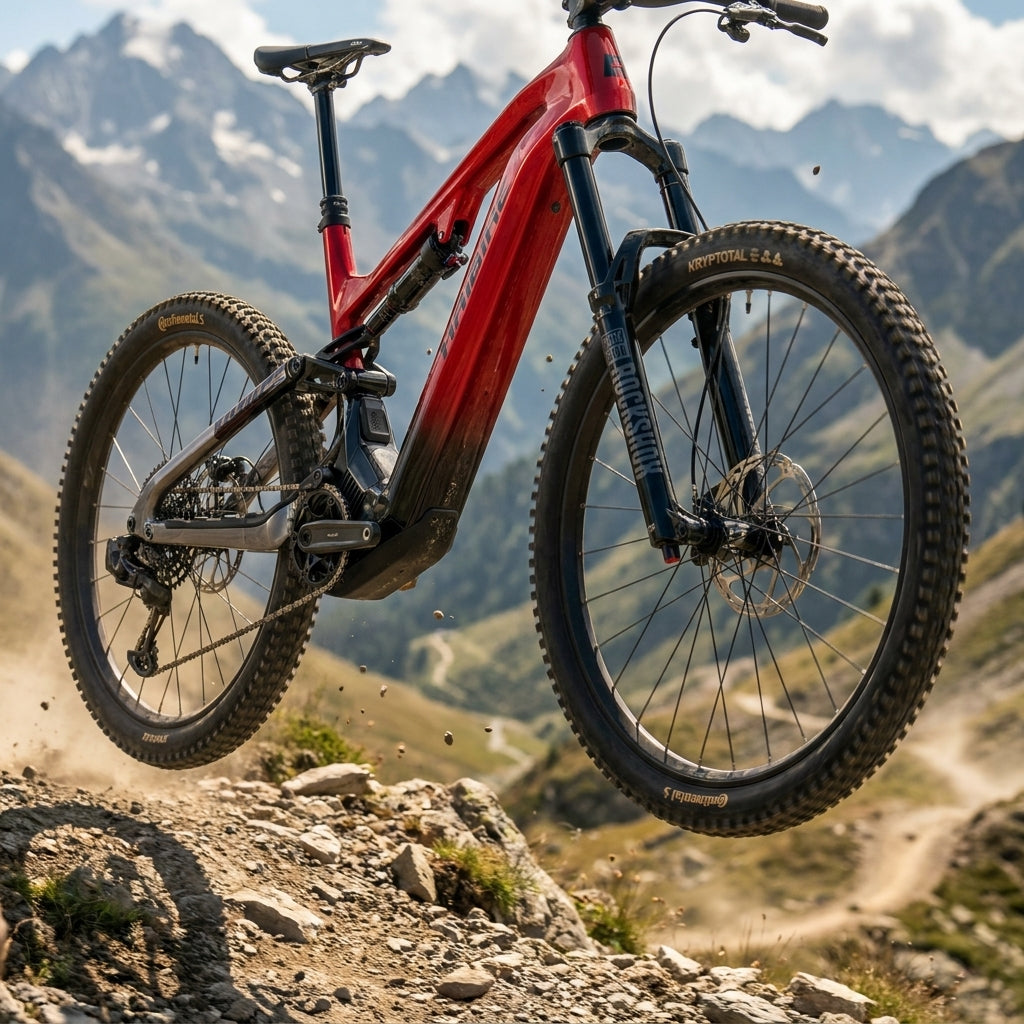 Haibike ALLMTN CF 9 Fully E-MTB rot-schwarz-platin. Carbonrahmen, Bosch CX Motor, SRAM AXS. Für anspruchsvolle Trails.