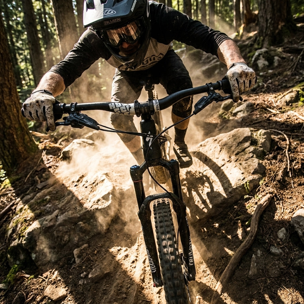 Mountainbiker auf staubigem Trail mit Truvativ Hussefelt MTB Lenkerbügel aus Aluminium, 31,8 mm.