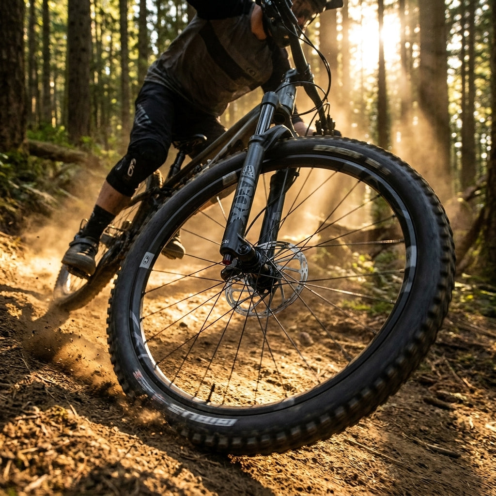 Crankbrothers Synthesis 29 Zoll Enduro Laufrad VR schwarz im Einsatz auf staubigem MTB-Trail.