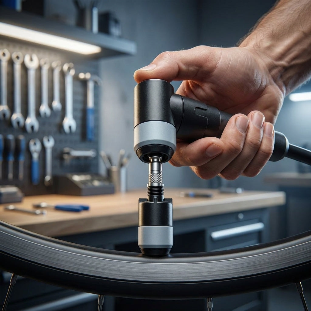 Hand pumpt Fahrradreifen mit Schwalbe CLIK VALVE SCV Starter Set DV – einfaches Aufpumpen per Klick.