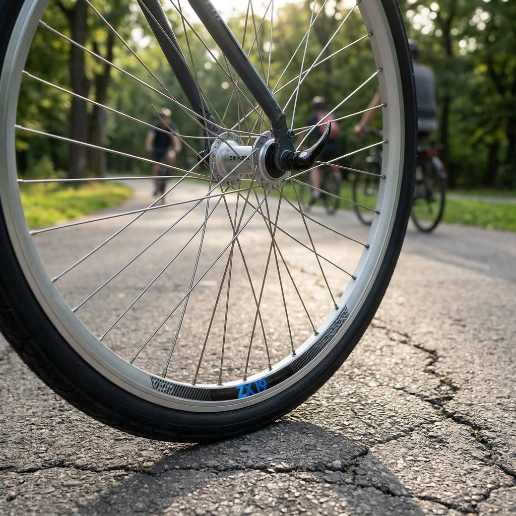Silbernes Fahrrad Laufrad 28 Zoll Exal ZX19 mit Shimano Nabe, Nirosta-Speichen und Schnellspanner auf Radweg.