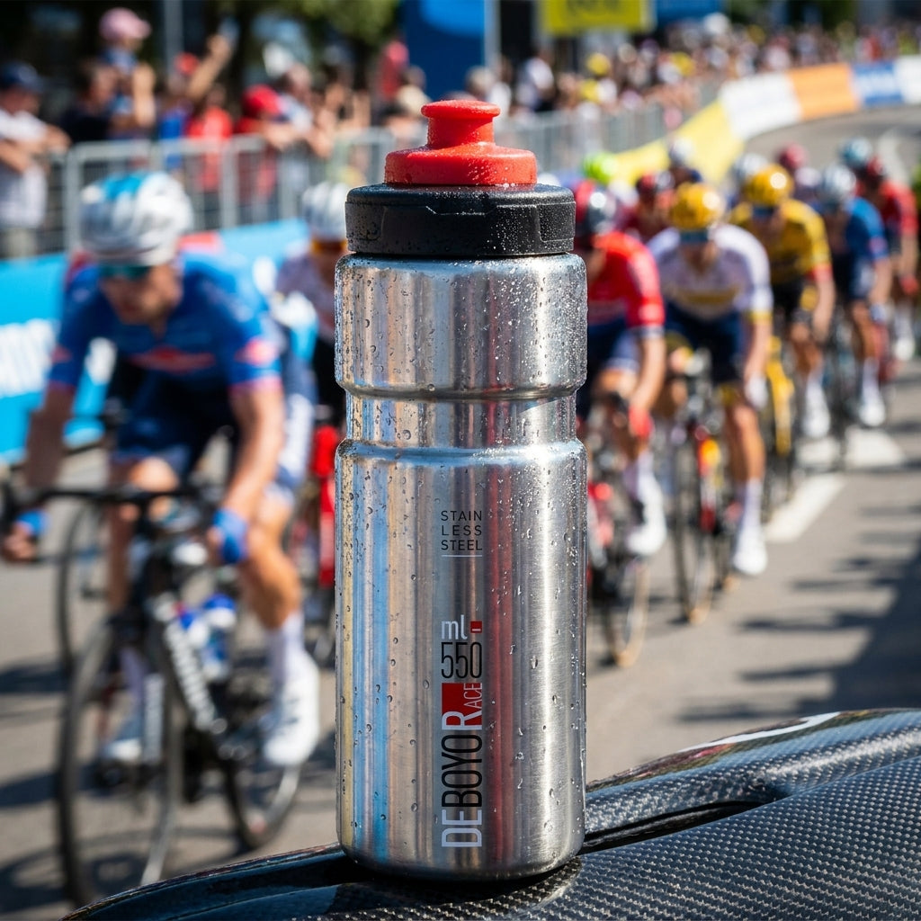 Elite Thermo-Trinkflasche Deboyo Race 550 ml silber auf Carbon vor einem Radrennen mit Fahrern.