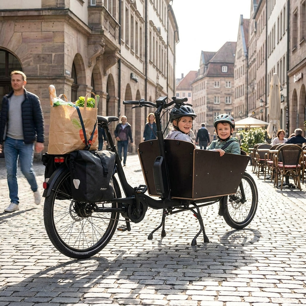 Hebie Zweibeinständer REX am schwarzen Lastenrad mit Kindern und Einkäufen in Altstadt.