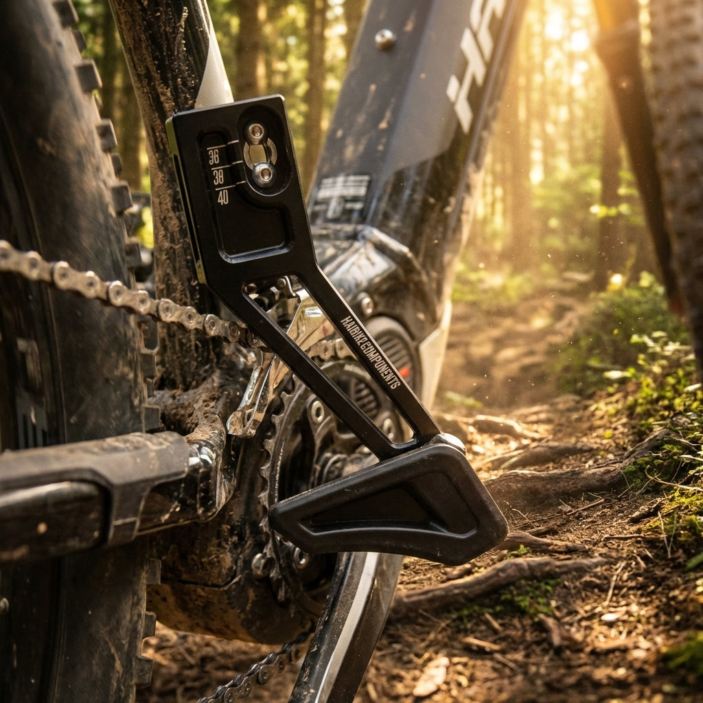 Kettenführung Haibike SDURO CNC/Kunststoff 2017 am schmutzigen E-Bike auf Waldtrail.