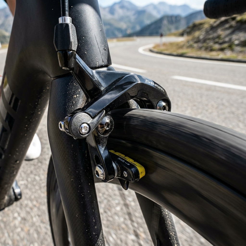 SRAM S900 Direct Mount Rennrad Felgenbremse vorne mit SwissStop Pro Belägen auf bergiger Straße.