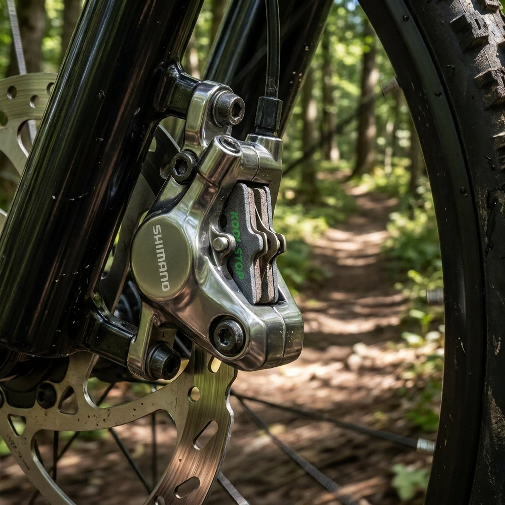 Kool Stop Scheibenbremsbelag D-635 E für Shimano am Mountainbike auf Waldweg.
