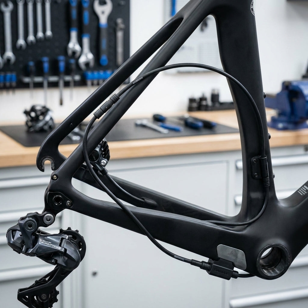 Schwarzer Fahrradrahmen mit SHIMANO Di2 EW-SD50 E-Tube Stromkabel für elektronische Schaltung und Schaltwerk.