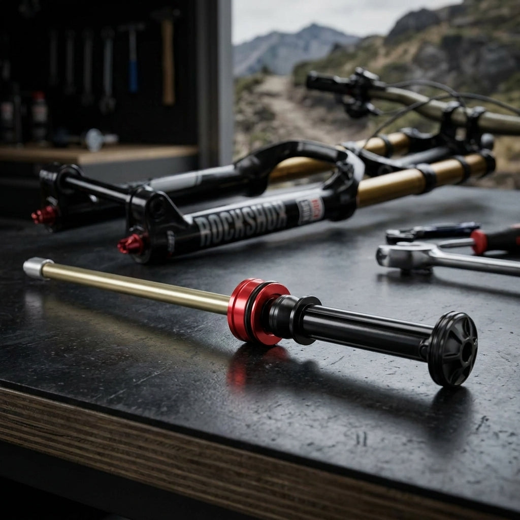 RockShox Air Spring Upgrade Kit DA 180mm Boxxer C1+ für Federgabel bei Service auf Werkbank.
