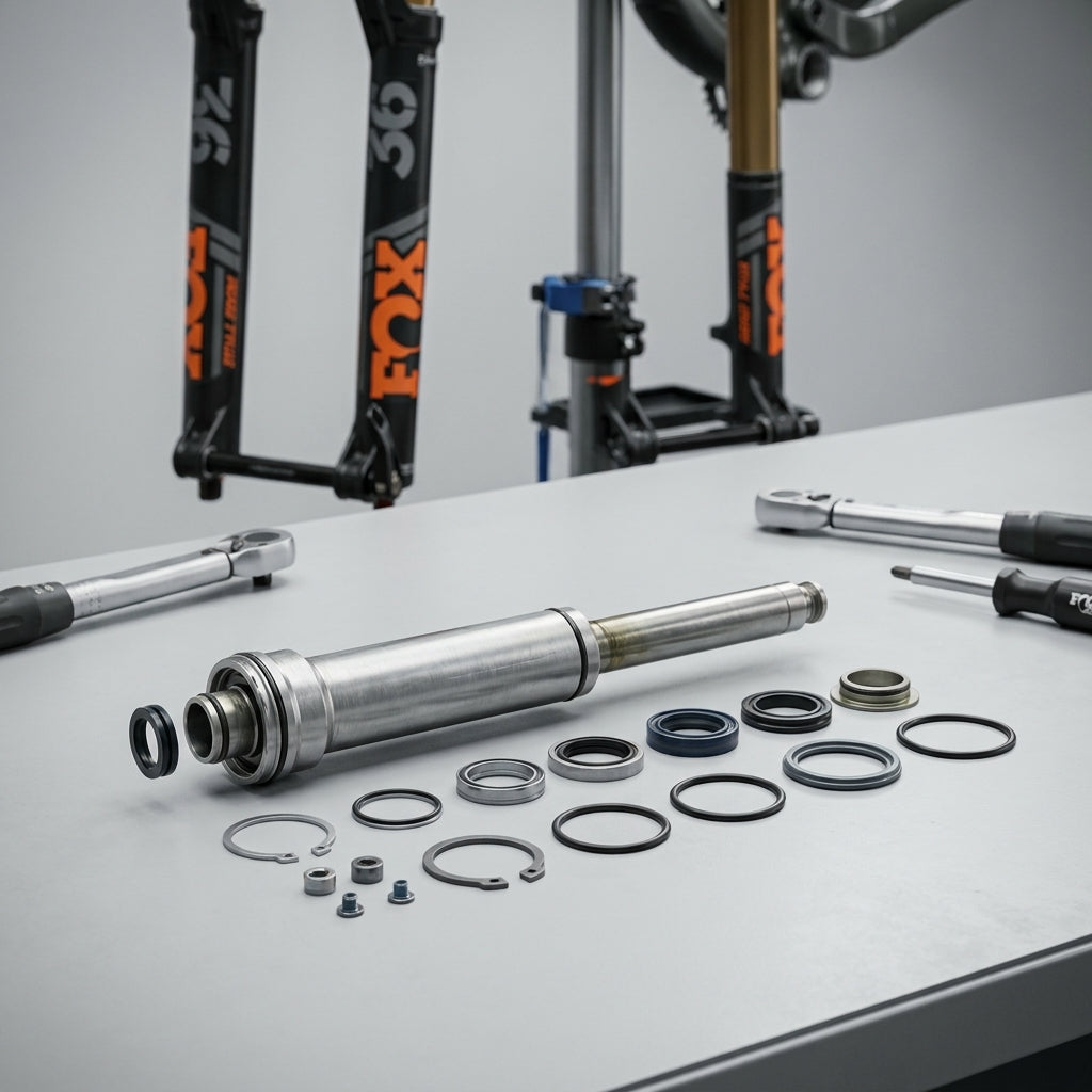 FOX AWL 36 E-Opt 150mm Luftfeder-Wartung: Service Set mit zerlegter Air Shaft Assy, Dichtungen und Werkzeug.