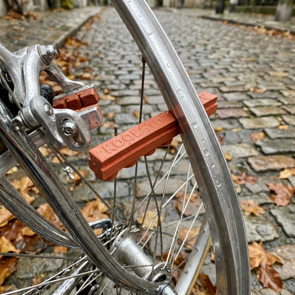 Kool Stop Felgenbremsbelag Retro-Design an klassischem Rennrad mit Alu-Felge auf nassem Kopfsteinpflaster, langlebig für opti