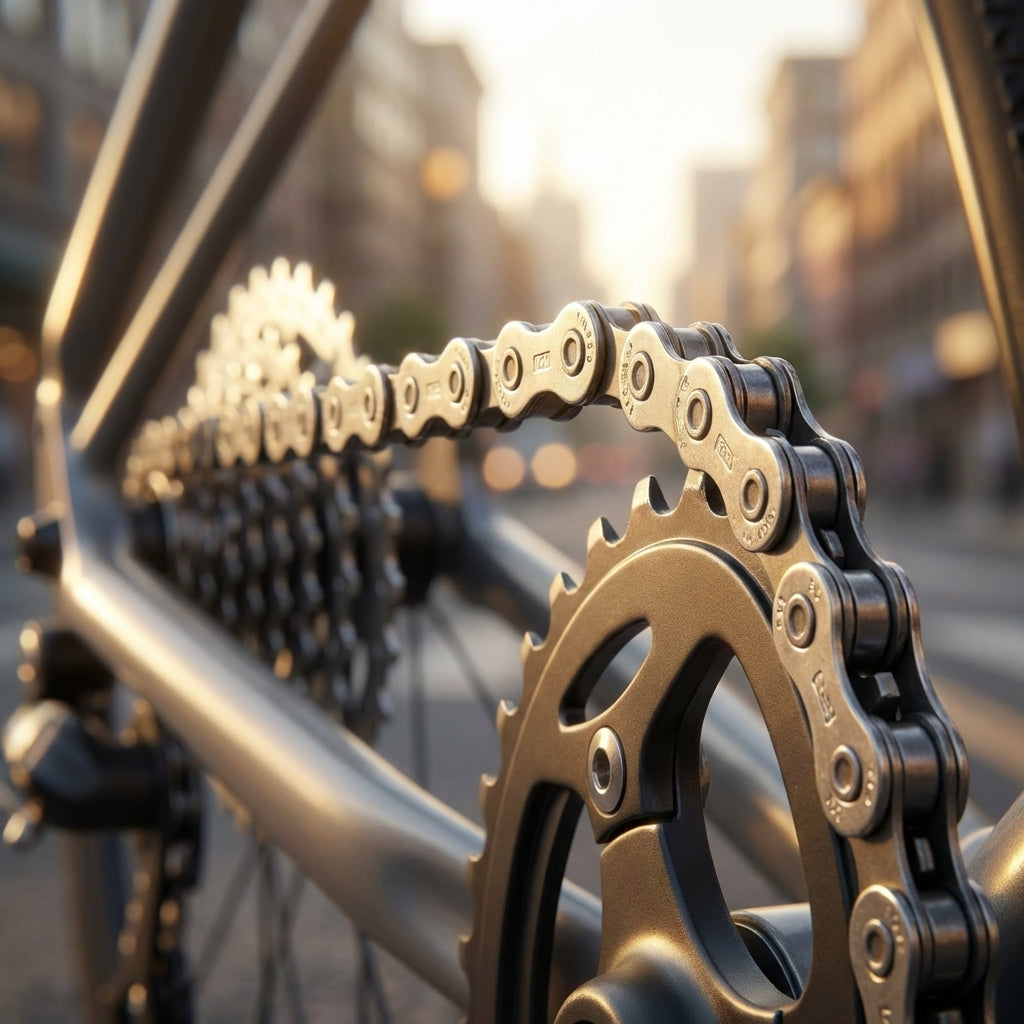 Shimano CN-HG71 6-/7-/8-fach Fahrradkette im Detail auf einem Zahnrad montiert.