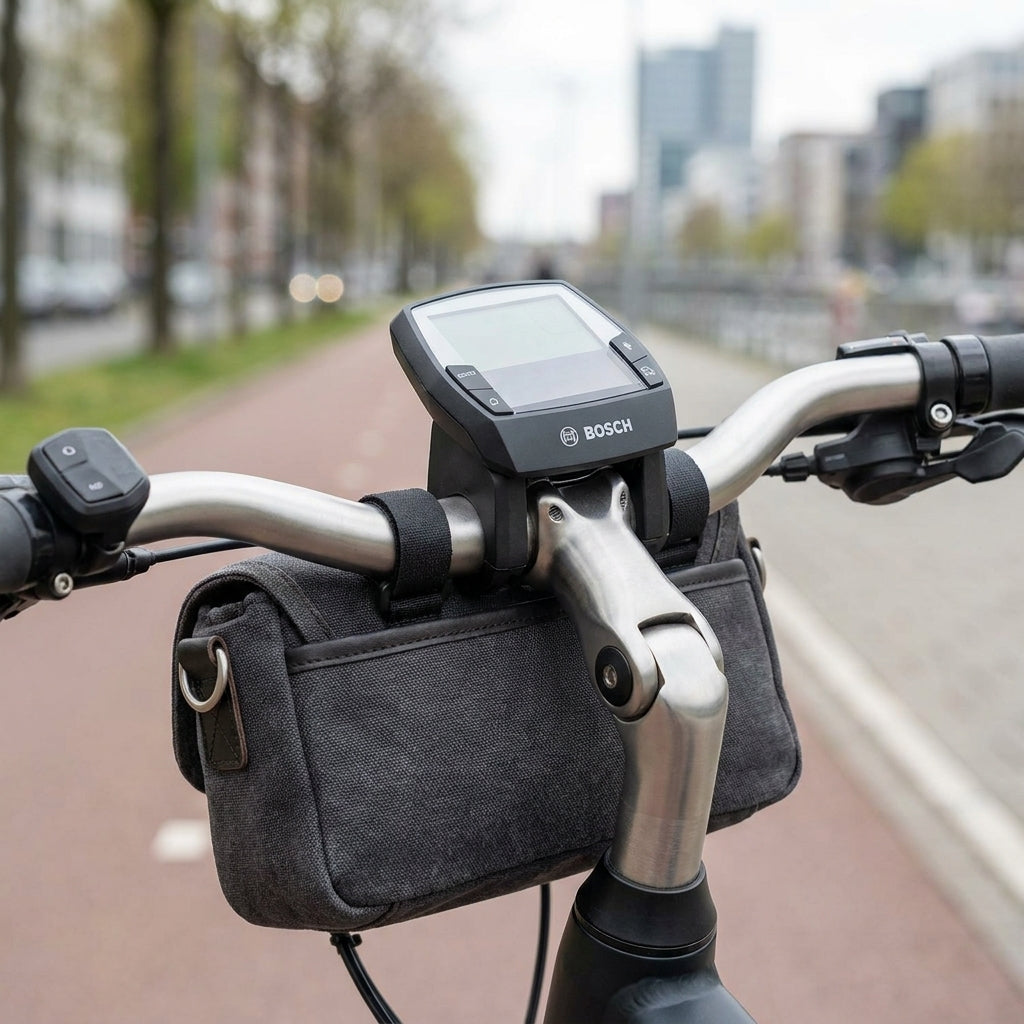 Bosch Intuvia Display auf KLICKfix Lenkeradapter mit Fahrradtasche am Lenker.