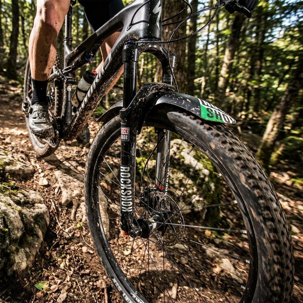 RockShox MTB Fender mit italienischem Flaggen-Print am Mountainbike auf schlammigem Waldweg.