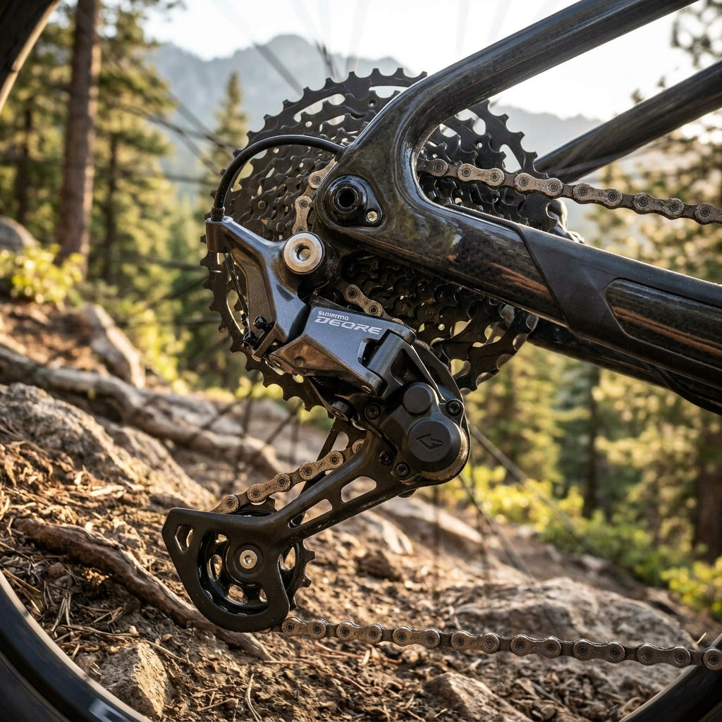 SHIMANO Schaltwerk DEORE RD-M5130 10-fach am Mountainbike auf einem Waldweg.