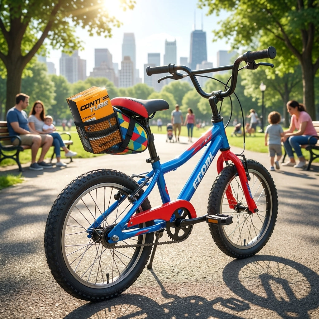 Produktbild: Continental Schlauch Conti Compact 16 im Korb eines blau-roten Kinderfahrrads in einem sonnigen Park.