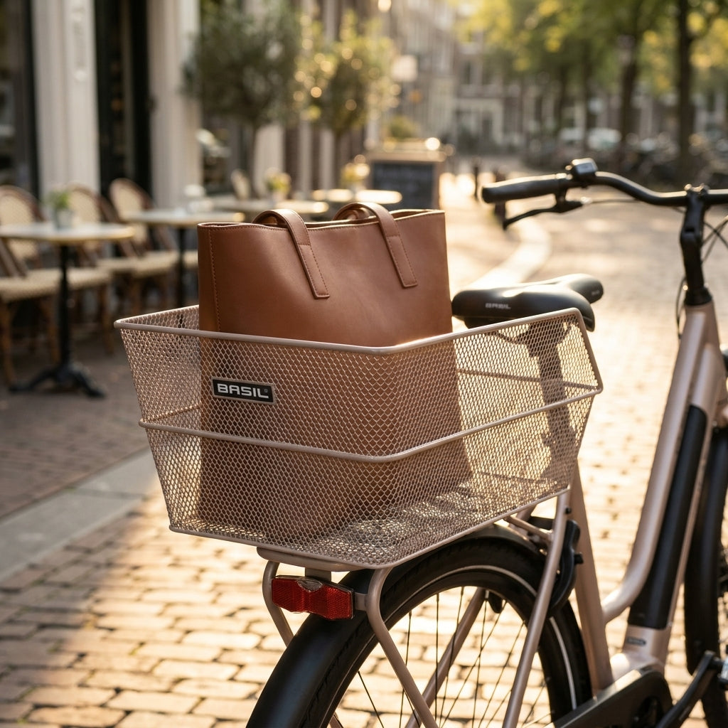 Basil Cento Hinterradkorb nude metallic, engmaschig aus Stahl. Eleganter Fahrradkorb für sicheren Transport in der Stadt.