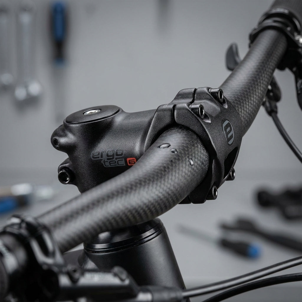 Ergotec AHEAD Vorbau Ray aus schwarzem Aluminium, 35mm Lenkerklemmung, Sicherheits-Level 5. Für MTB und Gravel Bikes.